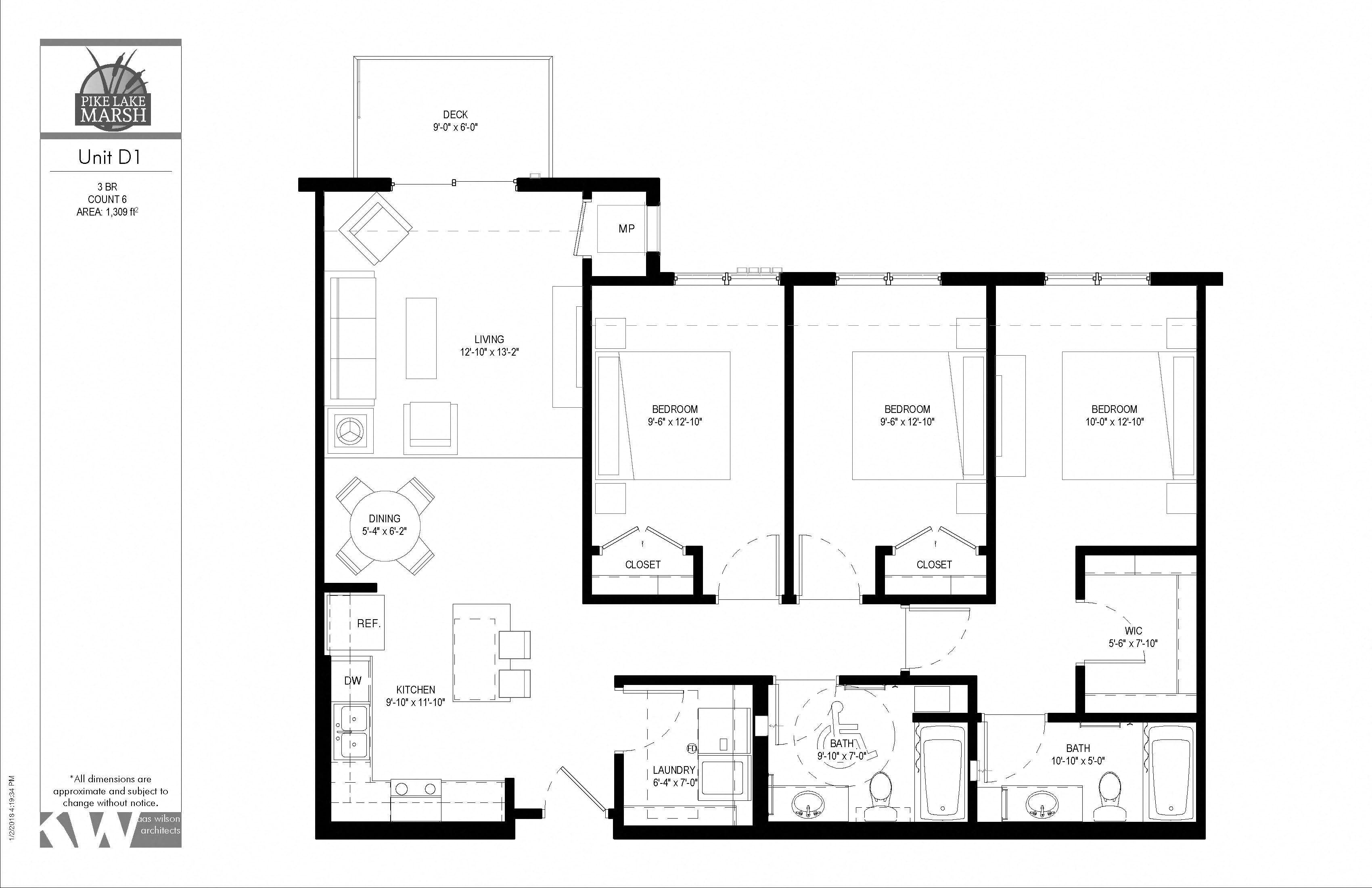 Floor plan for 3 beds, 2 baths, 1309 sqft